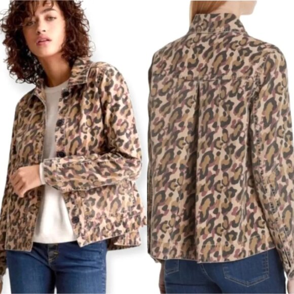 Veronica Beard Military Denim Jacket Leopard Print Sz Large Rugged Distressed - Picture 1 of 10